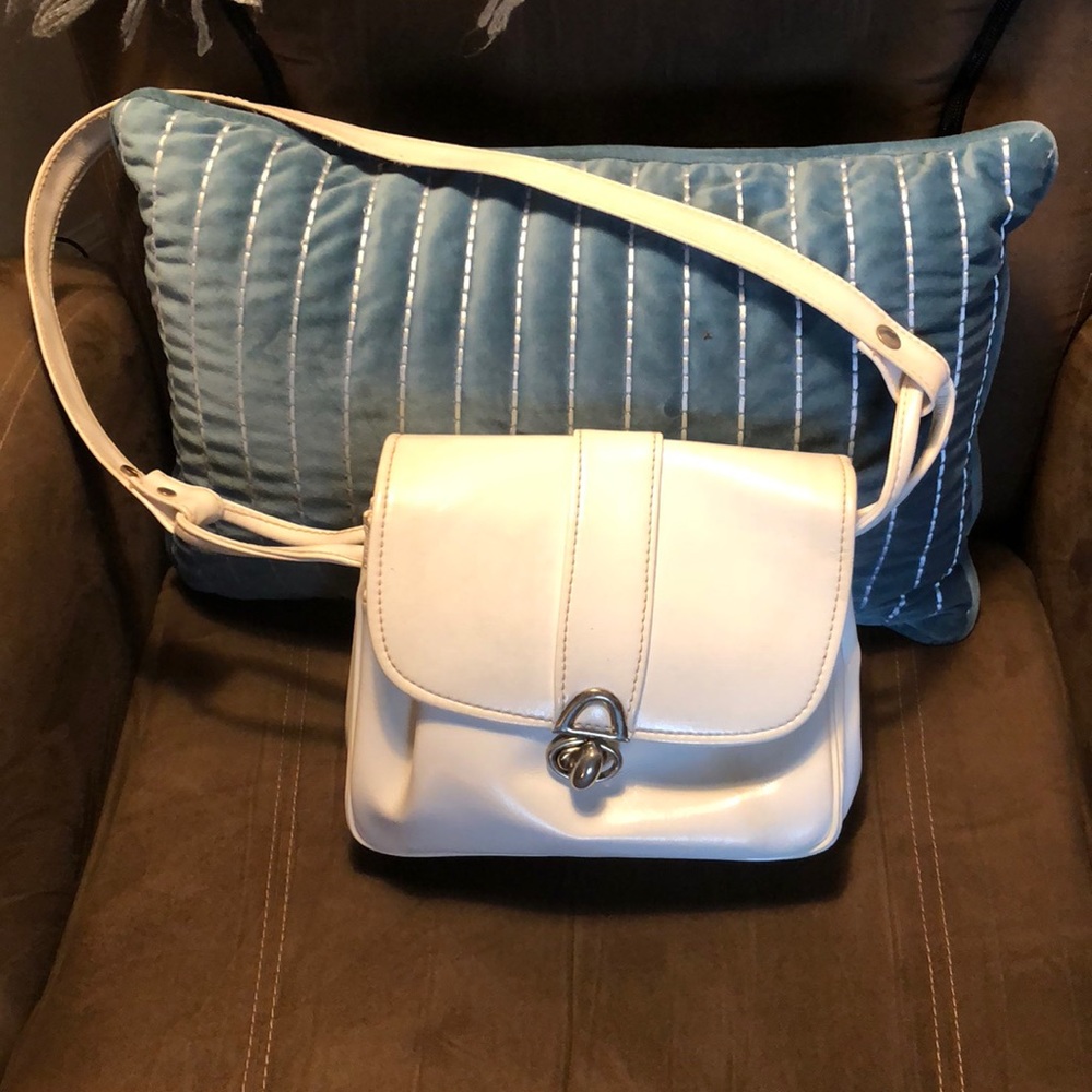 Vintage white leather midsize handbag with silver accents